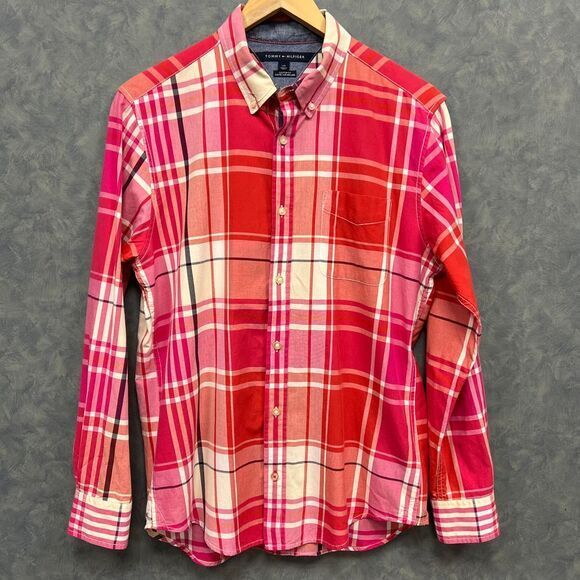 Tommy Hilfiger Custom Fit Red/Pink Plaid Button Down Shirt Long Sleeve Casual L - Picture 2 of 10